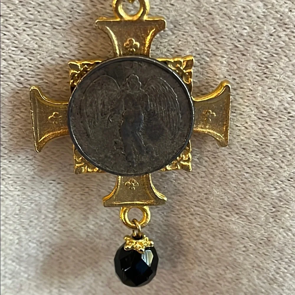 Black Onyx Bead and Gold Tone Cross and Coin Necklace - Picture 3 of 4